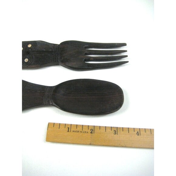 Carved Wooden Fork Spoon Salad Serving Set Tribal Home Kitchen Decor Inlay - Picture 11 of 12